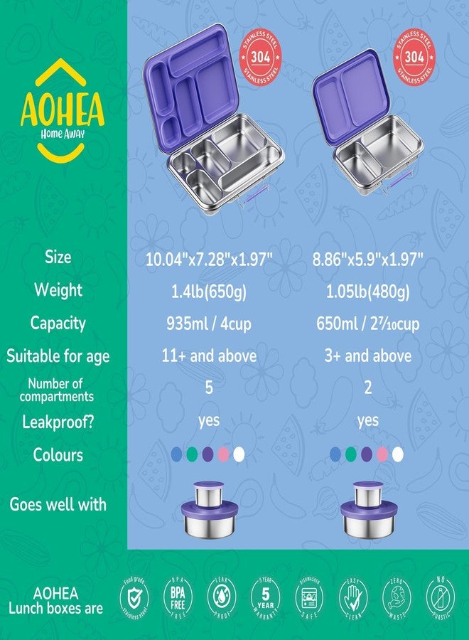 AOHEA Stainless Steel Lunch Box for Kids, Leak Proof Bento Lunch Box BPA Free 304 Stainless Steel Bento Box Stainless Bento Box with Containers for School and Office(Purple) - Image 3